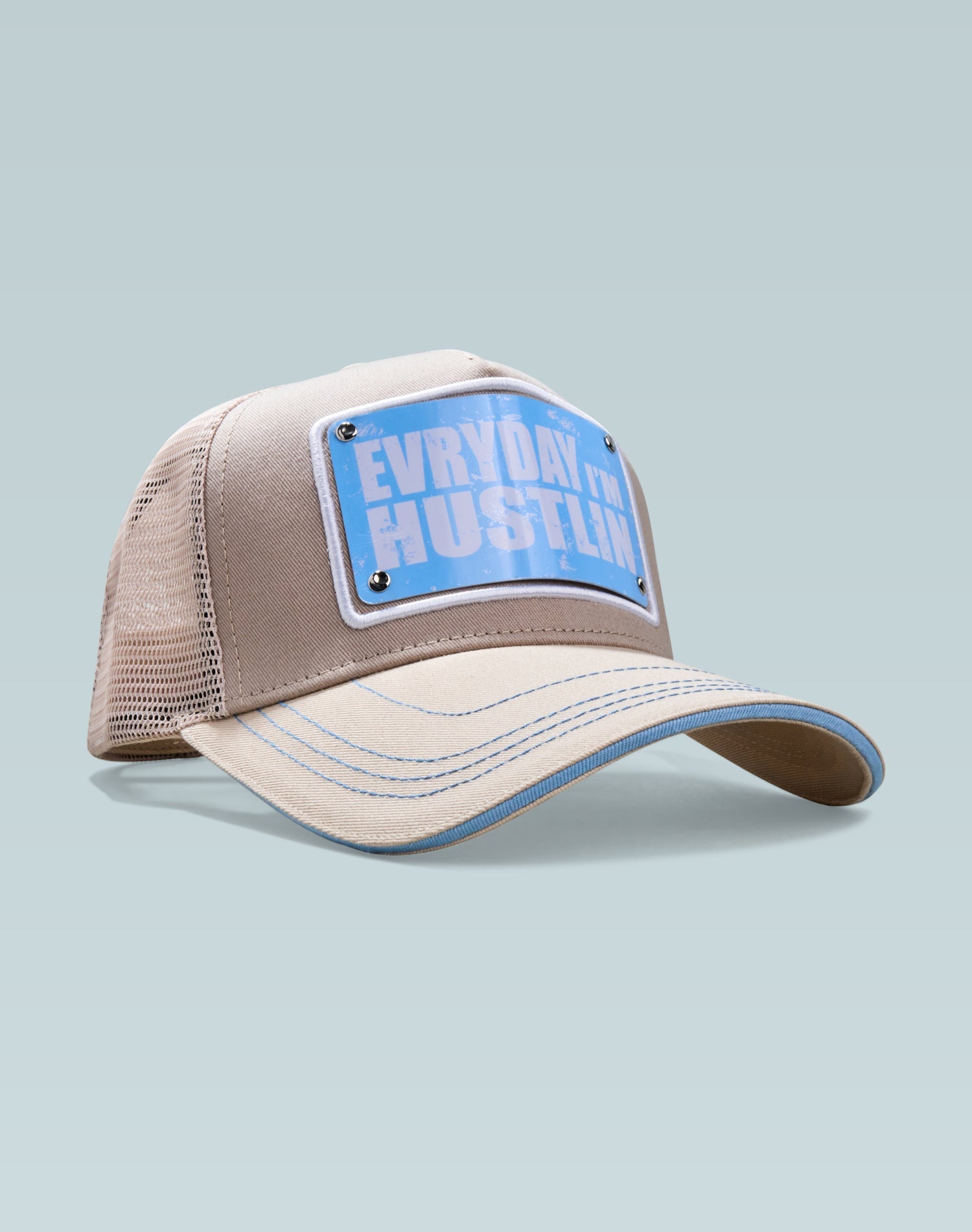 Everyday I’m Hustlin’ Beige Cotton Trucker Cap